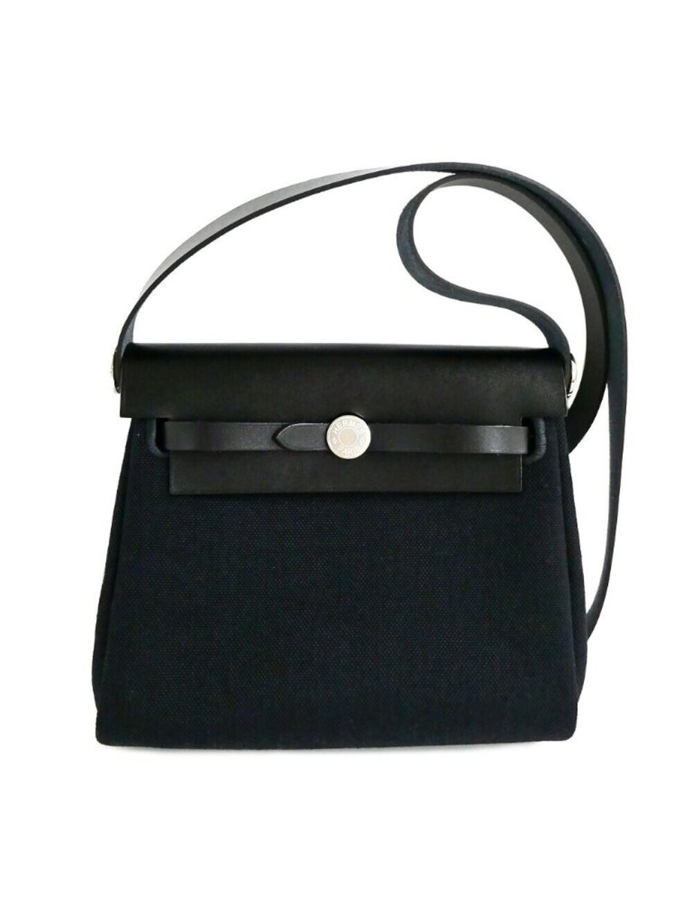 Hermes Herbag Zip 20 Black Canvas Leather Silver Shoulder Bag